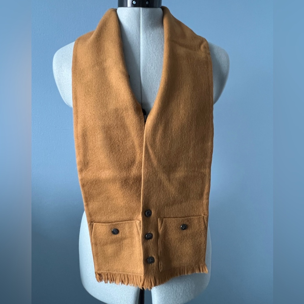Vintage Sears Scardigan All Wool Button Scarf Vest Tan Fringe